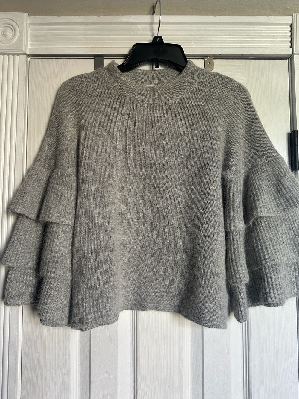 Endless Rose Gray Tiered Ruffle Sleeve Crewneck Sweater